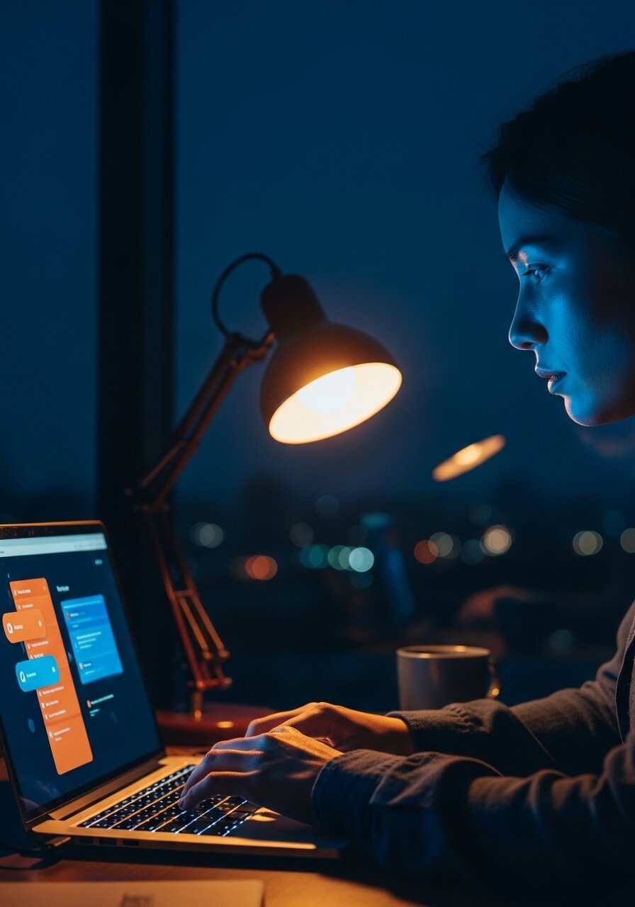 Osoba pracująca przy laptopie wieczorem — buduje aplikację w klimatycznym świetle lampki.